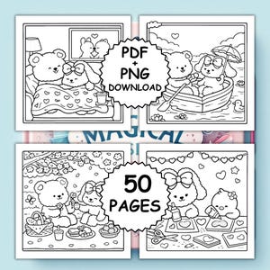 May include: Four-panel coloring book with charming bear and bunny illustrations. Each panel shows a different scene, such as a couple in bed, a boat trip, a picnic, and crafting. The text "PDF + PNG DOWNLOAD" and "50 PAGES" are also included.