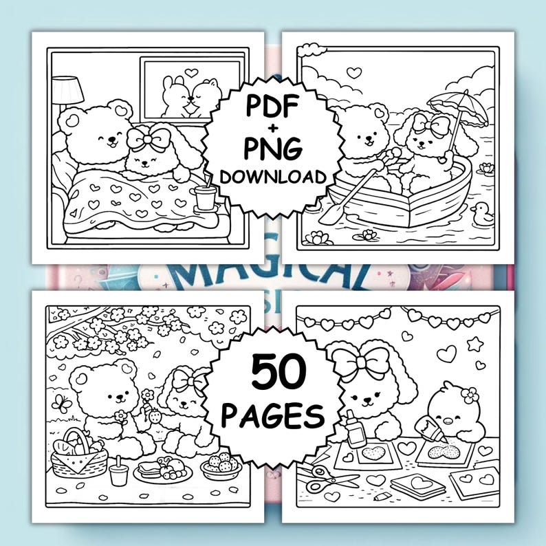 May include: Four-panel coloring book with charming bear and bunny illustrations. Each panel shows a different scene, such as a couple in bed, a boat trip, a picnic, and crafting. The text "PDF + PNG DOWNLOAD" and "50 PAGES" are also included.