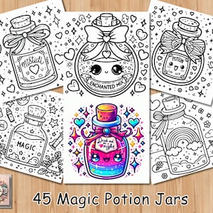 Puede incluir: Ilustraciones de frascos de pociones mágicas con diseños variados. Cada frasco tiene etiquetas, lazos y otros elementos decorativos. La imagen central muestra un frasco colorido con el texto "Drink me at night". También está presente el texto "45 Magic Potion Jars".
