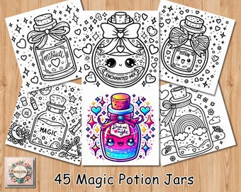 Bold and Easy Coloring Book, Cute Magic Potion Jar Coloring Pages, Kawaii Magic Potions Coloring, Relaxing Activity for Adults and Kids