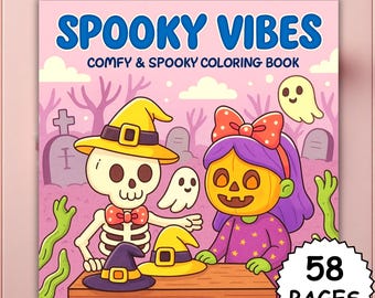 May include: A pink coloring book cover with the words "Spooky Vibes" in blue. The cover features cartoon illustrations of a skeleton, a pumpkin-headed character, and ghosts. The book is titled "Comfy & Spooky Coloring Book" and has 58 pages.