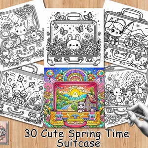 Puede incluir: Un conjunto de 30 páginas para colorear con lindas maletas con temática primaveral. Cada página tiene un diseño diferente con conejos, flores y otros elementos primaverales. Las páginas son perfectas para niños y adultos que aman colorear.
