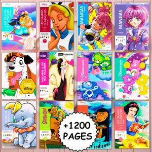 Peut inclure: Une collection de douze livres de coloriage présentant divers personnages animés, dont des figures Disney, les Bisounours et Scooby-Doo. Chaque couverture affiche des illustrations colorées et des titres, avec un badge central indiquant +1200 PAGES.