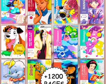 May include: A collection of twelve colouring books featuring various animated characters including Disney figures, Care Bears, and Scooby-Doo. Each cover displays colourful illustrations and text titles, with a central badge stating +1200 PAGES.
