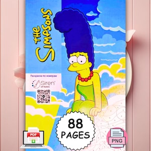 Könnte beinhalten: Ein digitales Malbuch-Cover mit Marge Simpson mit ihren hohen blauen Haaren, gelber Haut und roter Halskette vor einem blauen Himmel mit Wolken. Der Text lautet The Simpsons, 88 PAGES und Siren art factory, inklusive QR-Code und PDF/PNG-Symbolen.