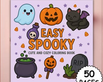 Puede incluir: Portada de libro para colorear con temática de Halloween sobre un fondo morado. Presenta un fantasma, una calabaza, un gato negro, una botella de poción, un caldero, una piruleta, una lápida y el texto "Easy Spooky Cute and Cozy Coloring Book". El libro tiene 50 páginas.