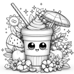 May include: A black and white line drawing of a cute cartoon smoothie cup with a straw, an umbrella, and a variety of fruits and flowers surrounding it.