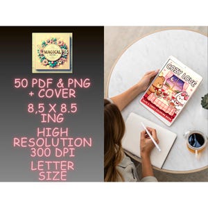 May include: A tablet displays a digital coloring book named "Cozy Love", featuring a bear and rabbit dining. A notebook, pen, and coffee cup are also visible. The text on the left side says "MAGICAL DESIGN". The image is 8.5 x 8.5 inches.