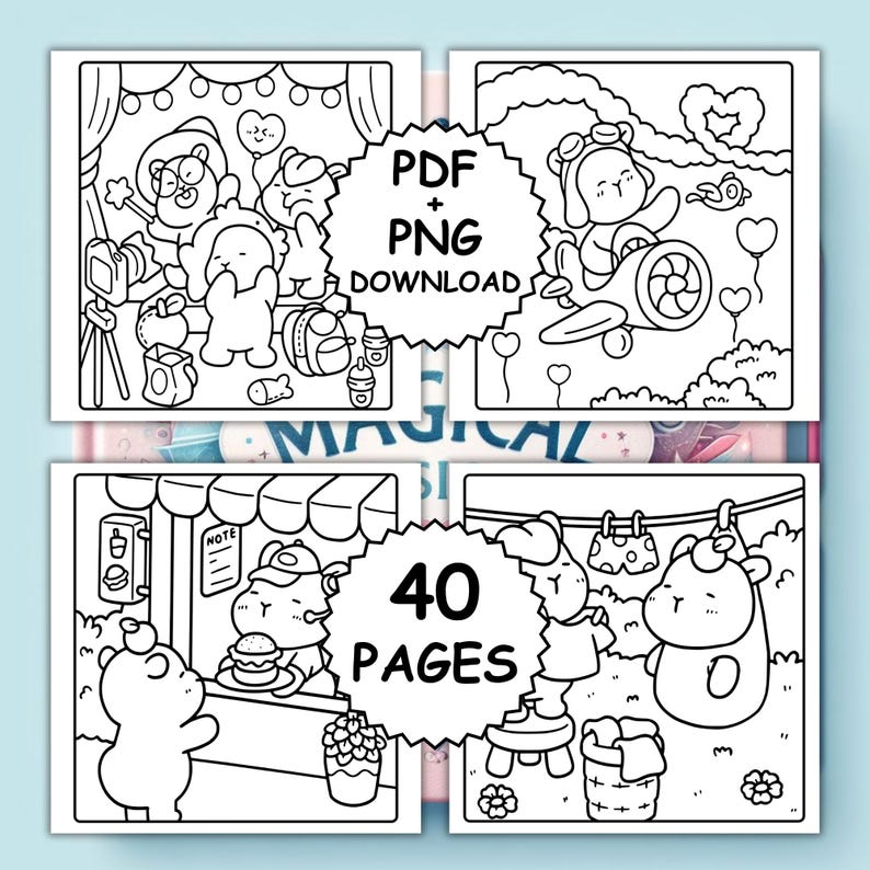 Capy Cuteness Coloring Book PDF PNG| 40 Pages Cute Capybaras Digital ...