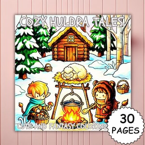 Malbuch „Gemütliche Huldra-Geschichten“ – 30 ausdrucksstarke und einfache Seiten mit niedlichen nordischen Waldmotiven, gemütliche Fantasy-Szenen aus der Folklore, druckbare PDF- und PNG-Dateien