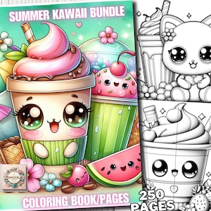 250 Bundle Summer Kawaii Coloring Pages, Modern Kawaii Food Coloring Book, Cute Kawaii for Kids and Adults Grayscale Download Printable Pdf