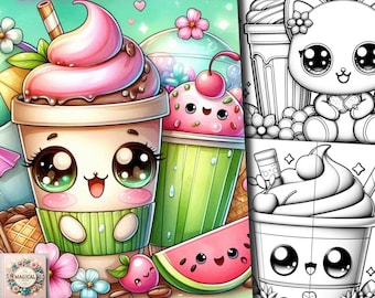 250 Bundle Summer Kawaii Coloring Pages, Modern Kawaii Food Coloring Book, Cute Kawaii for Kids and Adults Grayscale Download Printable Pdf