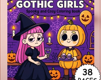May include: A coloring book titled "GOTHIC GIRLS" with the subtitle "Spooky and Cozy Coloring Book." The cover features two cartoon characters: a witch with pink hair and a pumpkin-headed figure. The background is purple with Halloween decorations.