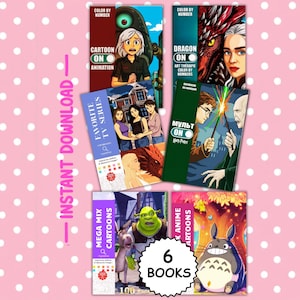 Puede incluir: Una colección de seis libros digitales de colorear por números con varios personajes animados, dragones y escenas de fantasía. Las portadas muestran ilustraciones de Shrek, Totoro, Harry Potter y otras figuras. El texto incluye títulos como Cartoon, Dragon, Favorite TV Series y Mega Mix Cartoons.