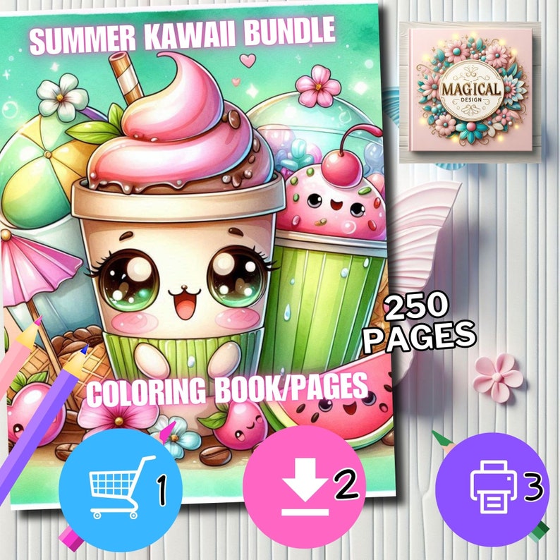May include: A colorful digital coloring book featuring a kawaii-style illustration of a pink and brown iced coffee with a smiling face. The book has 250 pages and is titled "Summer Kawaii Bundle".