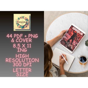 Puede incluir: Un conjunto de productos digitales con 44 archivos PDF y PNG con portada, en formato de 21,59 x 27,94 cm. El texto incluye 'MAGICAL DESIGN', '44 PDF + PNG & COVER', '8.5 X 11 ING', 'HIGH RESOLUTION 300 DPI' y 'LETTER SIZE' en letras de ne&oacute;n rosa.