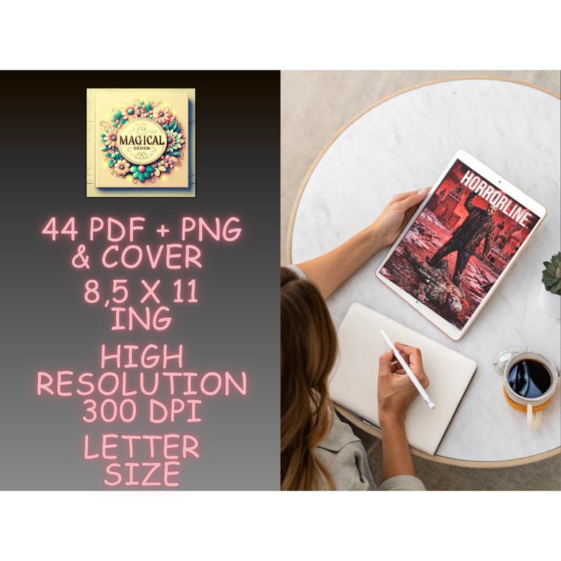 Puede incluir: Un conjunto de productos digitales con 44 archivos PDF y PNG con portada, en formato de 21,59 x 27,94 cm. El texto incluye 'MAGICAL DESIGN', '44 PDF + PNG & COVER', '8.5 X 11 ING', 'HIGH RESOLUTION 300 DPI' y 'LETTER SIZE' en letras de ne&oacute;n rosa.