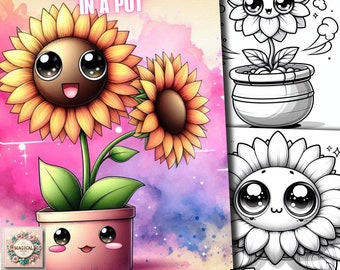 75 Modern Kawaii Cute Flower in a Pot Coloring Pages, Floral Coloring Book, Flowers Coloring Grayscale Fantasy for Adults and Kids Print Pdf