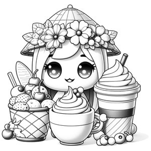 May include: A black and white illustration of a cute cartoon character with a straw hat, holding a cup of ice cream and a smoothie. The character is surrounded by cherries and blueberries.