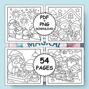 Op de afbeelding: Vier vierkante afbeeldingen met kerstthema lijntekeningen. De kerstman, elfen, sneeuwmannen, vuurwerk en cadeaus worden afgebeeld. Tekst op de afbeeldingen luidt "PDF + PNG DOWNLOAD" en "54 PAGES". De afbeeldingen zijn zwart-wit.