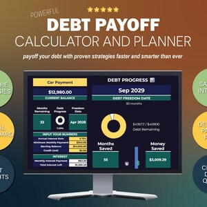 May include: A computer monitor displaying a debt payoff calculator and planner. The screen shows financial data, including car payments, debt progress, and interest information. The interface includes visual dashboards and options to compare strategies.