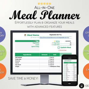 Tygodniowy szablon automatycznego planera posiłków All-in-One Arkusz kalkulacyjny dla Arkuszy Google | Listy zakupów, planowanie menu, przygotowywanie, inwentaryzacja żywności i nie tylko