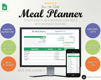 Weekly All-in-One Automatic Meal Planner Template Spreadsheet for Google Sheets | Grocery Lists, Menu Planning, Prep, Food Inventory & More