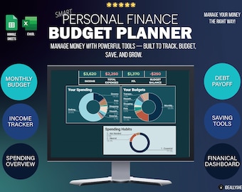 May include: A computer monitor displays a "SMART PERSONAL FINANCE BUDGET PLANNER." The screen shows financial data visualizations, including spending habits and budget breakdowns. Additional circular buttons highlight features like "Monthly Budget" and "Debt Payoff."