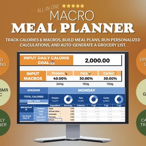 Macro Meal Planner Tracker with Calorie Calculator and Grocery List Automation Spreadsheet for Meal Planning, Tracking, and Shopping