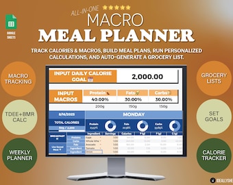 Macro Meal Planner Tracker with Calorie Calculator and Grocery List Automation Spreadsheet for Meal Planning, Tracking, and Shopping