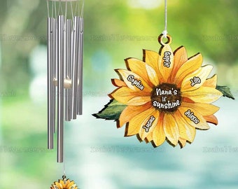 Campana de viento de girasol pequeño de la abuela, campanas de viento personalizadas de la abuela, campana de viento del Día de las Madres de la abuela, signo de nombre del niño