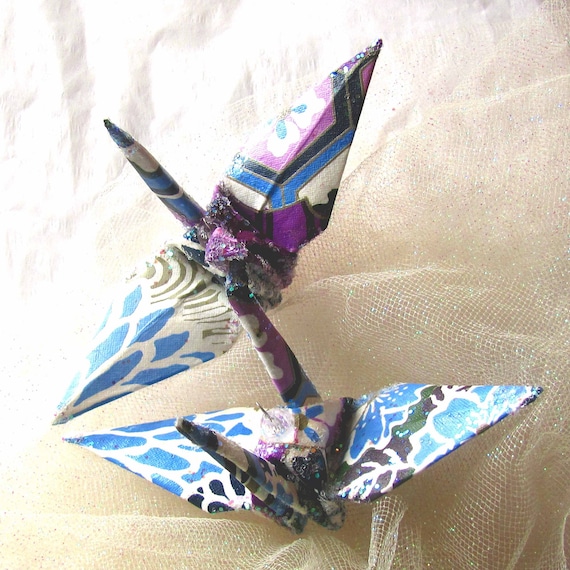 Bollywood In Tokyo Peace Crane Bird Wedding Cake Topper Party Favor Origami Ornament Paper Place Card Holder Decor White Blue Lavender Green