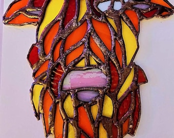 Stained Glass Highland Cow with Flowers