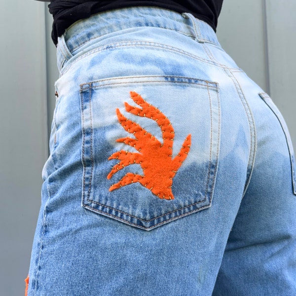 bleach tiedie dipdie jeans with fire pattern patchwork embroidery