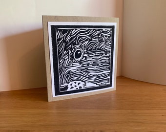 Original hand printed Lino cut greeting card. ‘Reintroduced; Beaver’