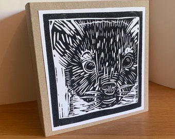 Original hand printed Lino cut greeting card. ‘Reintroduced; Pine Marten’