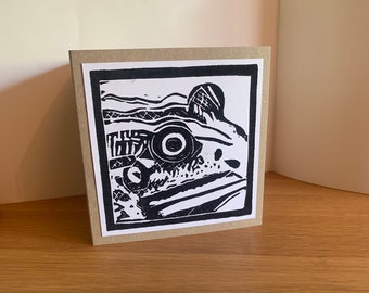 Original hand printed Lino cut greeting card. ‘Reintroduced; Pool frog’