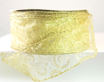 Wired Harwyck Sheer Gold  Scroll Glitter Christmas Ribbon 2 1/2" - 50 Yards