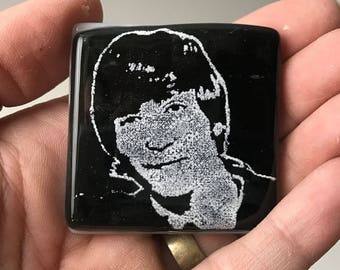 John Lennon Magnet, Beatles Fused Glass Magnet, Charcoal Glass Refrigerator Magnet, White Printed Magnet