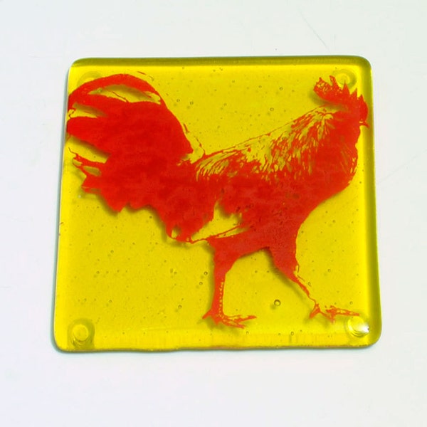 Rooster Fused Glass Coaster, Farm Coaster, Glassware, Drink Coaster