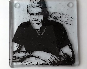 Anthony Bourdain Fused Glass Coaster, Chef, Author, Travel, Kitchen Confidential, Parts Unknown, No reservations