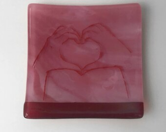 Heart Hands Fused Glass Catch All Dish, Coins And Keys Dish
