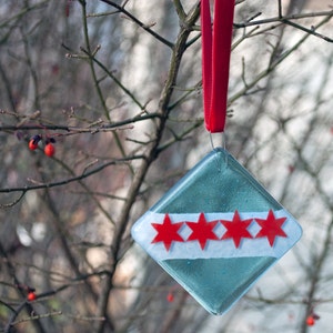 Fused Glass Chicago Flag Ornament, Chicago Square Xmas Decoration, Chicago Tree Decor image 3