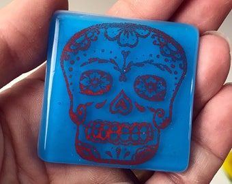 Calavera Glass Magnet, Skull Magnet, Turquoise Glass Refrigerator Magnet, Red Printed Magnet