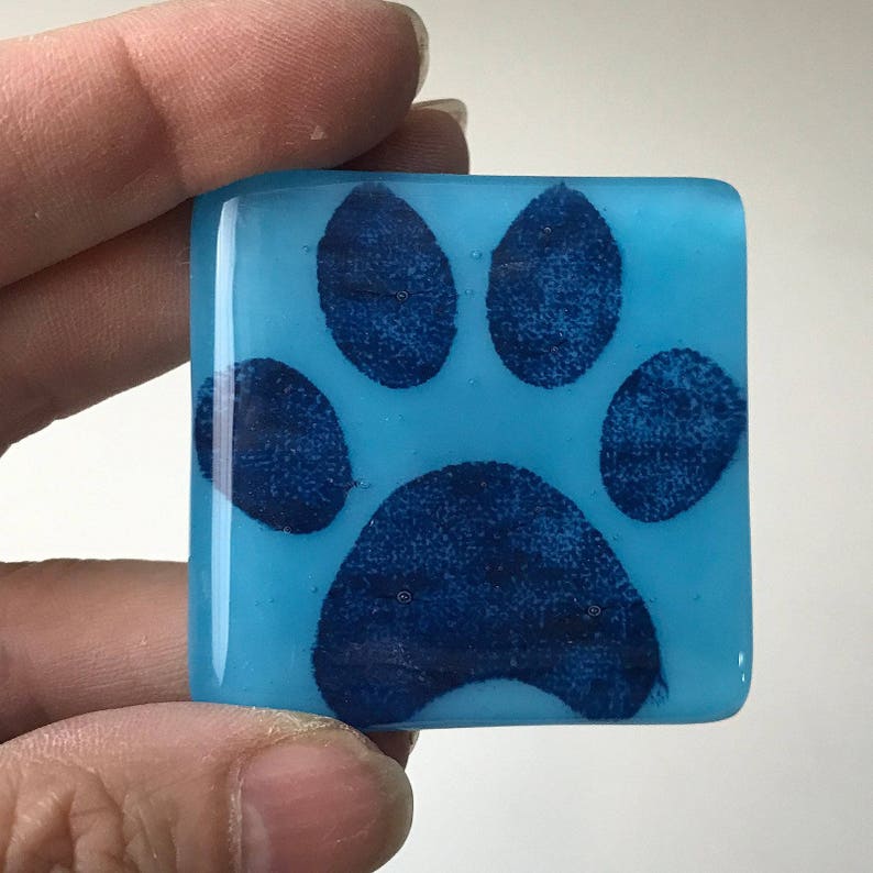 Paw Fused Glass Magnet Blue Printed Magnet Paw Print Magnet Cyan Glass Refrigerator Magnet