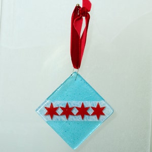 Fused Glass Chicago Flag Ornament, Chicago Square Xmas Decoration, Chicago Tree Decor image 2