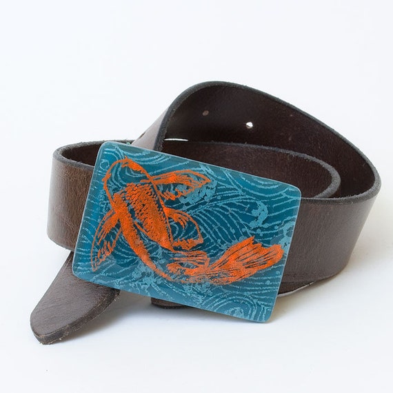 Leather Belt with Fused Glass Buckle Fused Glass Blue, Orange, Gray Belt Buckle. Adorned With  main image 4