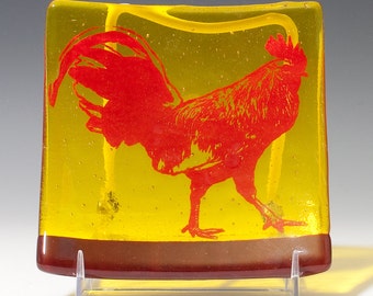 Rooster Fused Glass Catch All Dish, Rooster Keys And Coins Tray, Farm Animal Square Dish