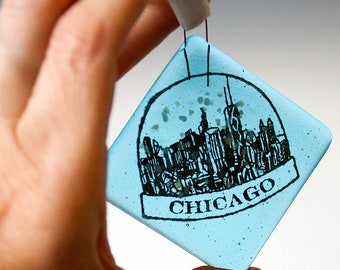 Fused Glass Chicago Snowglobe Ornament, Chicago Square Xmas Decoration, Chicago Tree Decor Chicago skyline