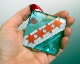 Fused Glass Chicago Flag Ornament, Chicago Square Xmas Decoration, Chicago Tree Decor